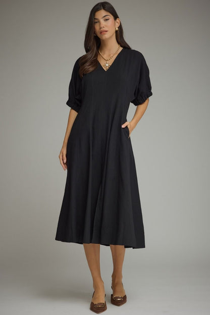 Black Puff Sleeve Midi Dress - AtelierDress WomenEntro