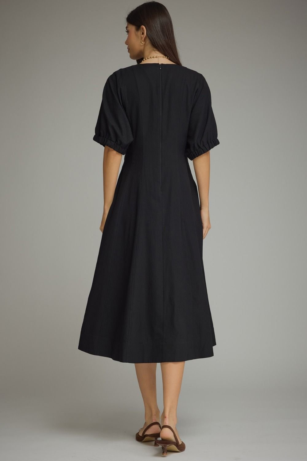Black Puff Sleeve Midi Dress - AtelierDress WomenEntro