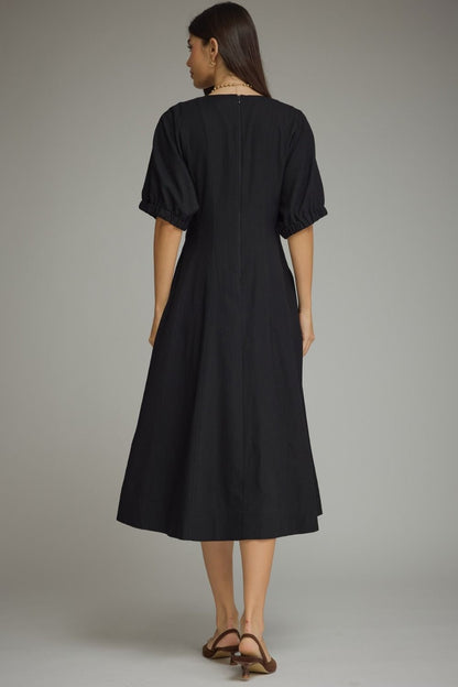 Black Puff Sleeve Midi Dress - AtelierDress WomenEntro