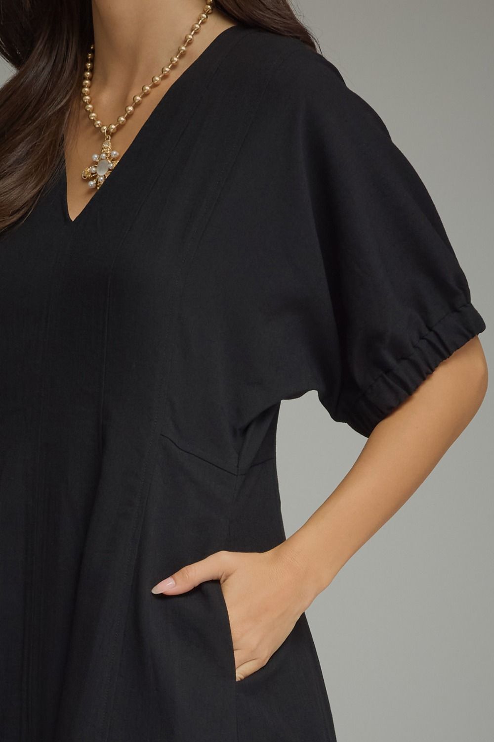Black Puff Sleeve Midi Dress - AtelierDress WomenEntro