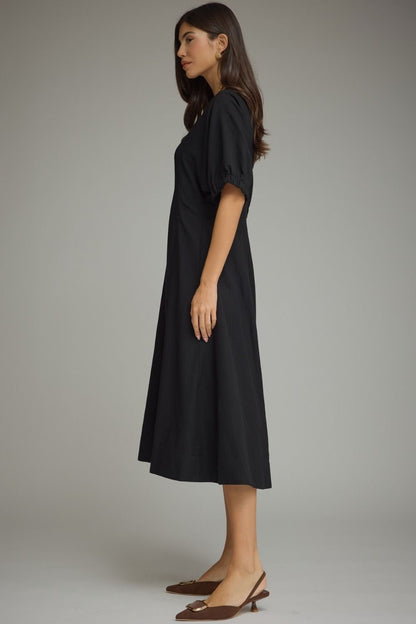Black Puff Sleeve Midi Dress - AtelierDress WomenEntro