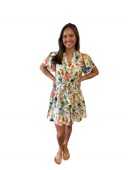 Joy Joy Stitch Trim Flutter Sleeve Dress