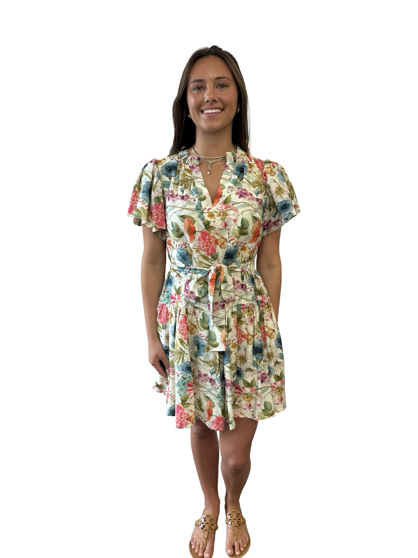 Joy Joy Stitch Trim Flutter Sleeve Dress